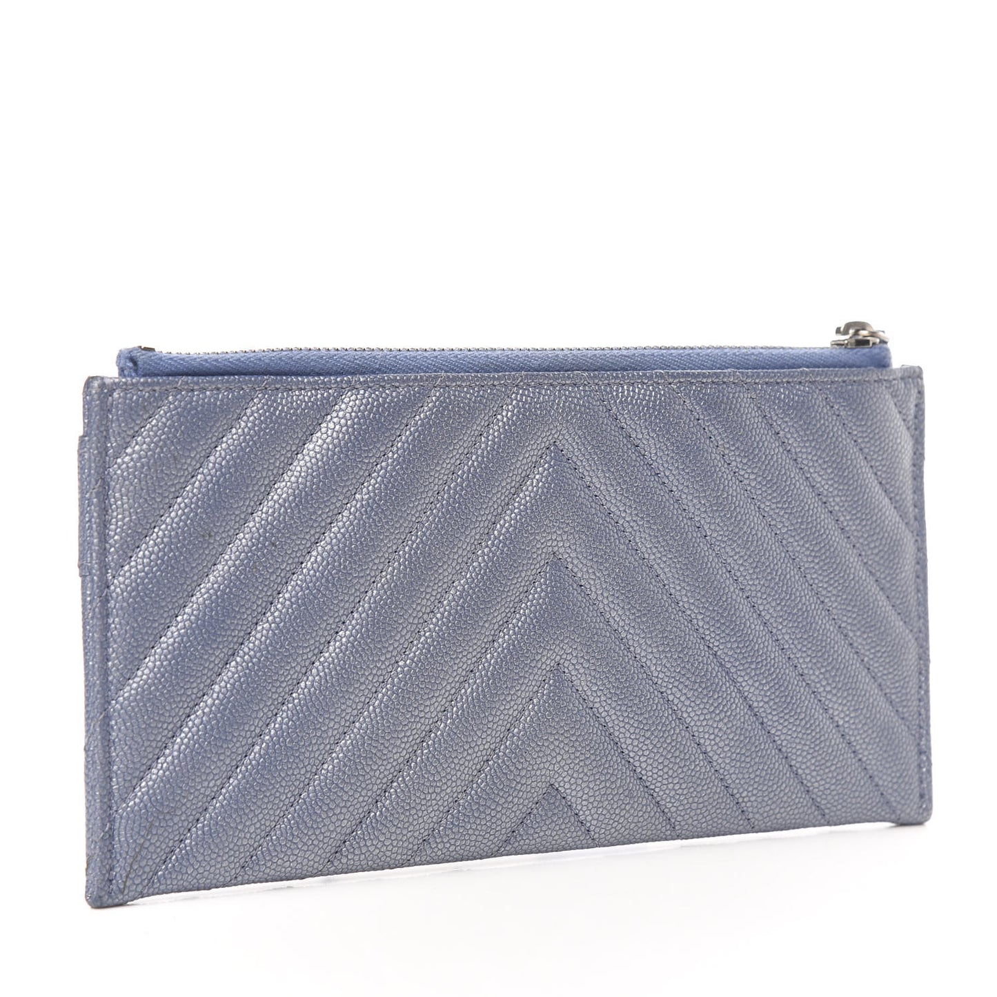 Metallic Caviar Chevron Quilted Mademoiselle Vintage Zip Pouch Blue