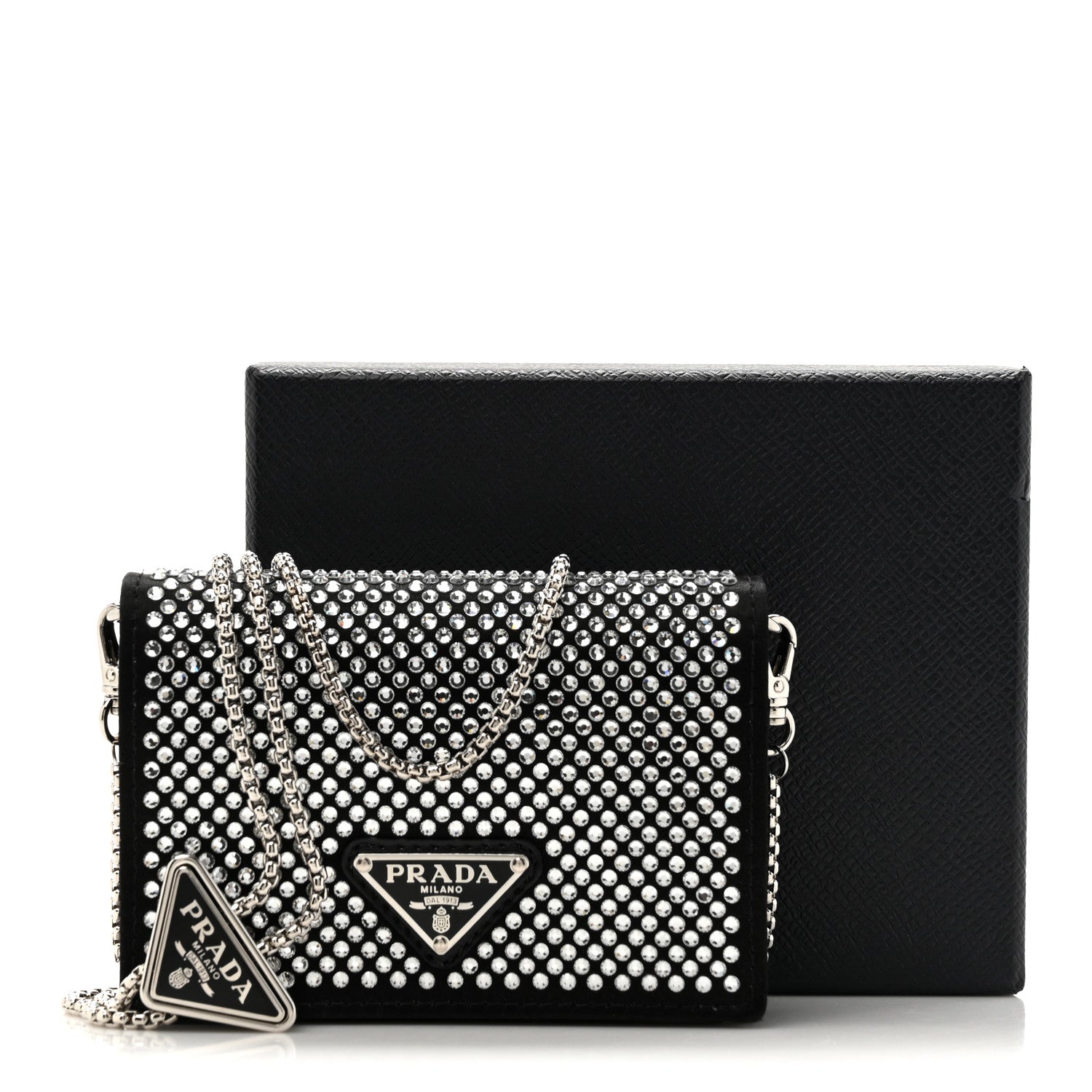 Prada Satin Crystal Metal Triangle Logo Card Holder With Strap