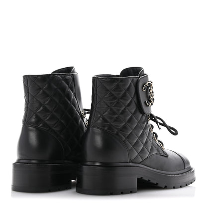 Chanel Shiny Goatskin Calfskin Quilted Lace Up Combat Boots 37 Black 5 of 10