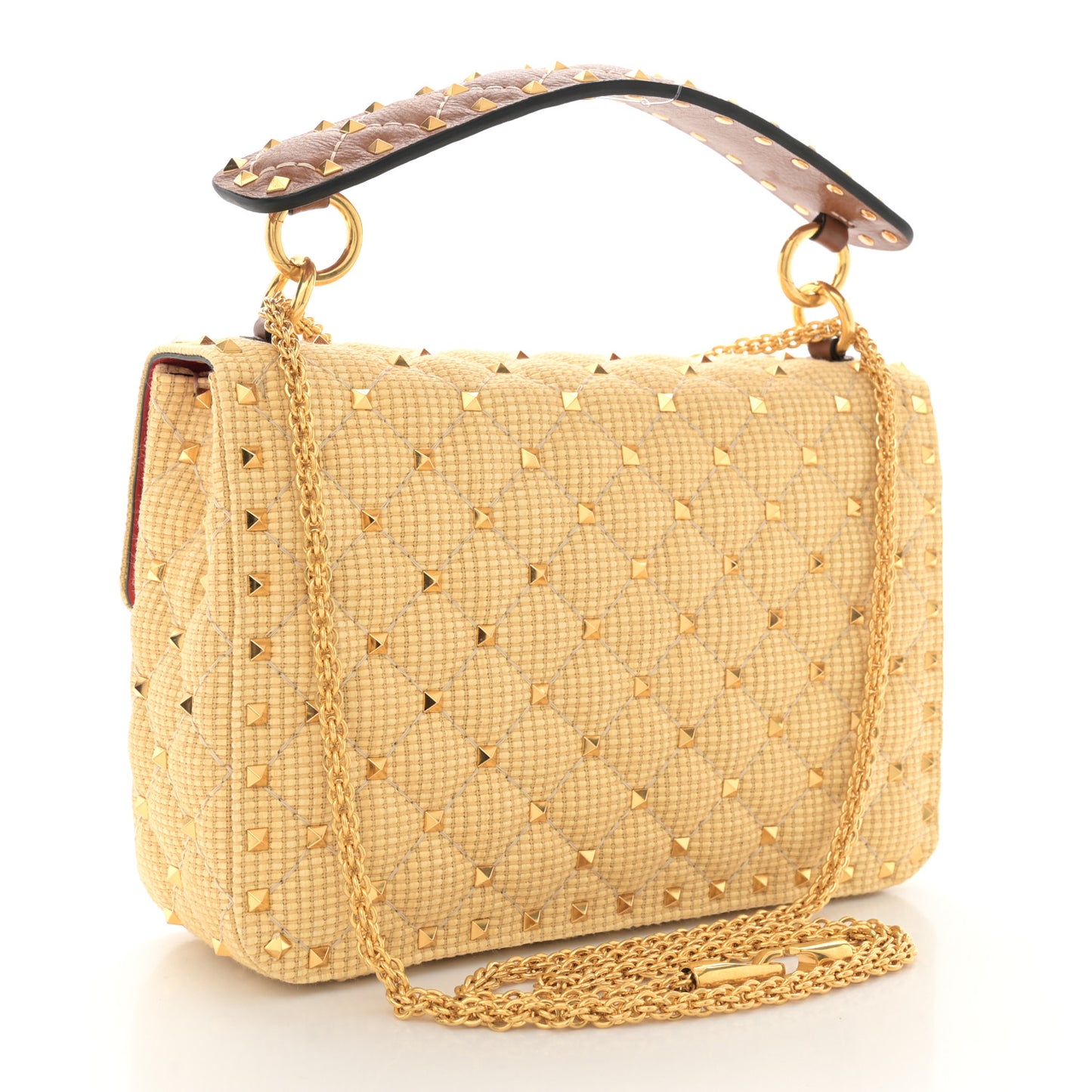 Raffia Medium Rockstud Spike Shoulder Bag Natural Tan