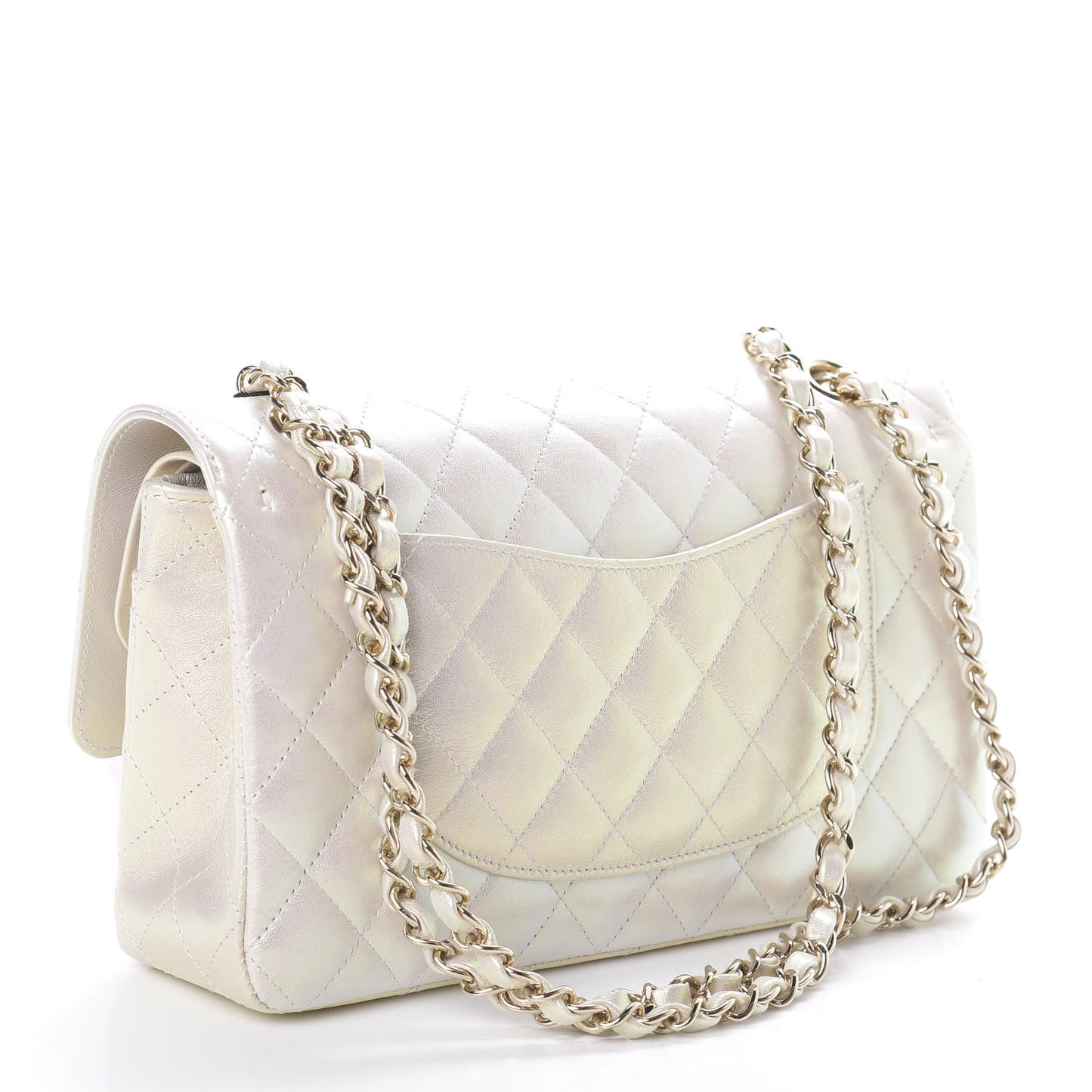 Iridescent Lambskin Quilted Medium Double Flap Ivory