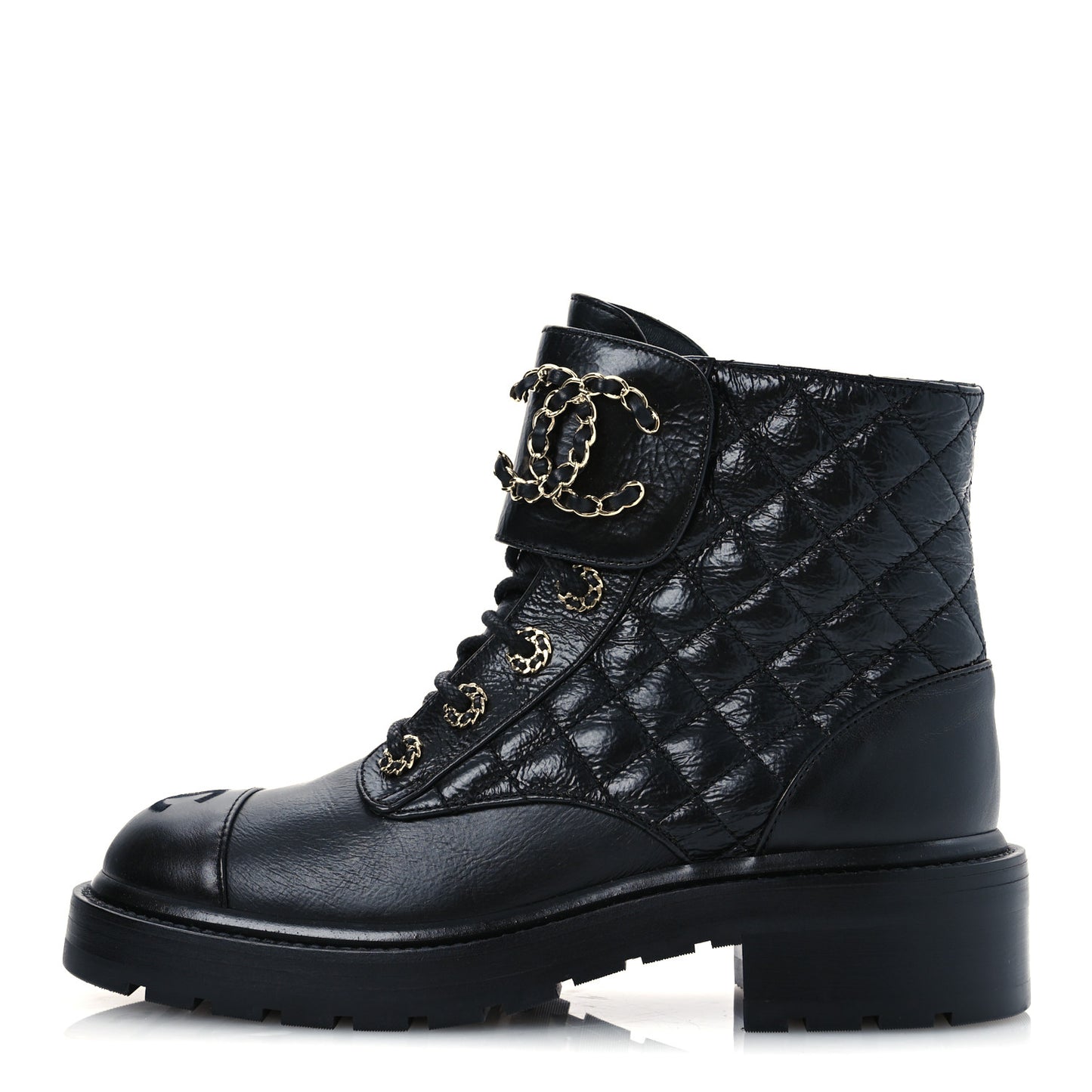 Shiny Calfskin Quilted Lace Up Combat Boots 37 Black