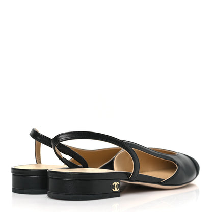 Chanel Goatskin Grosgrain Cap Toe CC Slingback Flats 37.5 Black 4 of 9