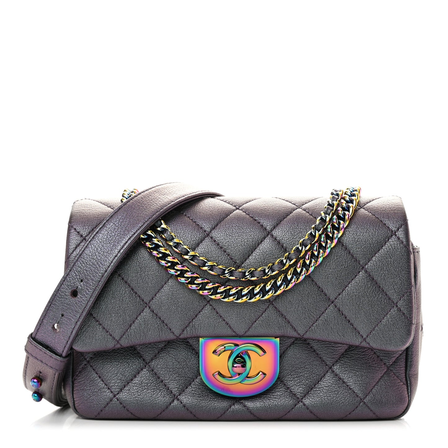 Iridescent Goatskin Quilted Small Double Carry Waist Chain Flap Purple