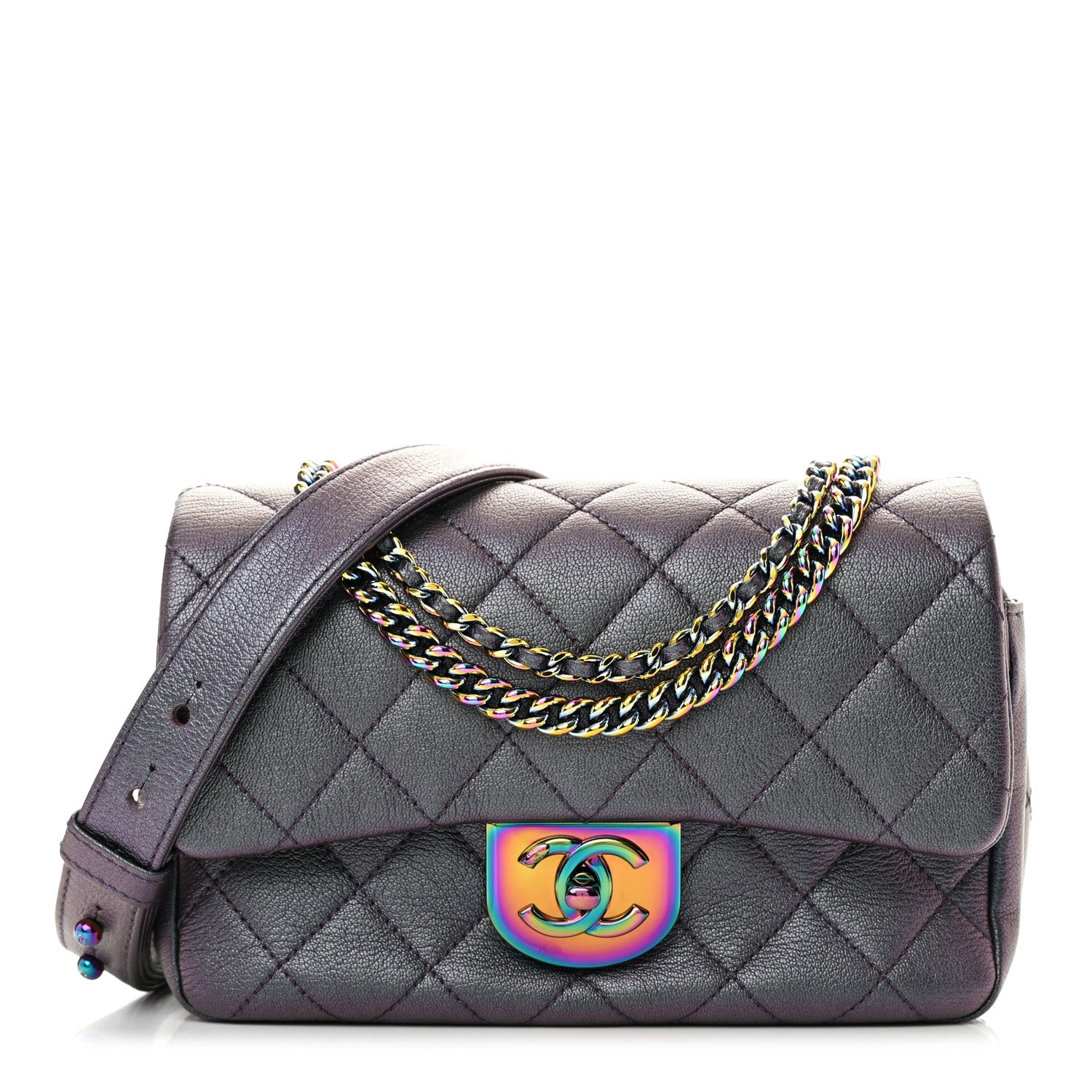 Chanel Iridescent Goatskin Quilted Small Double Carry Waist Chain Flap Purple 1 of 13