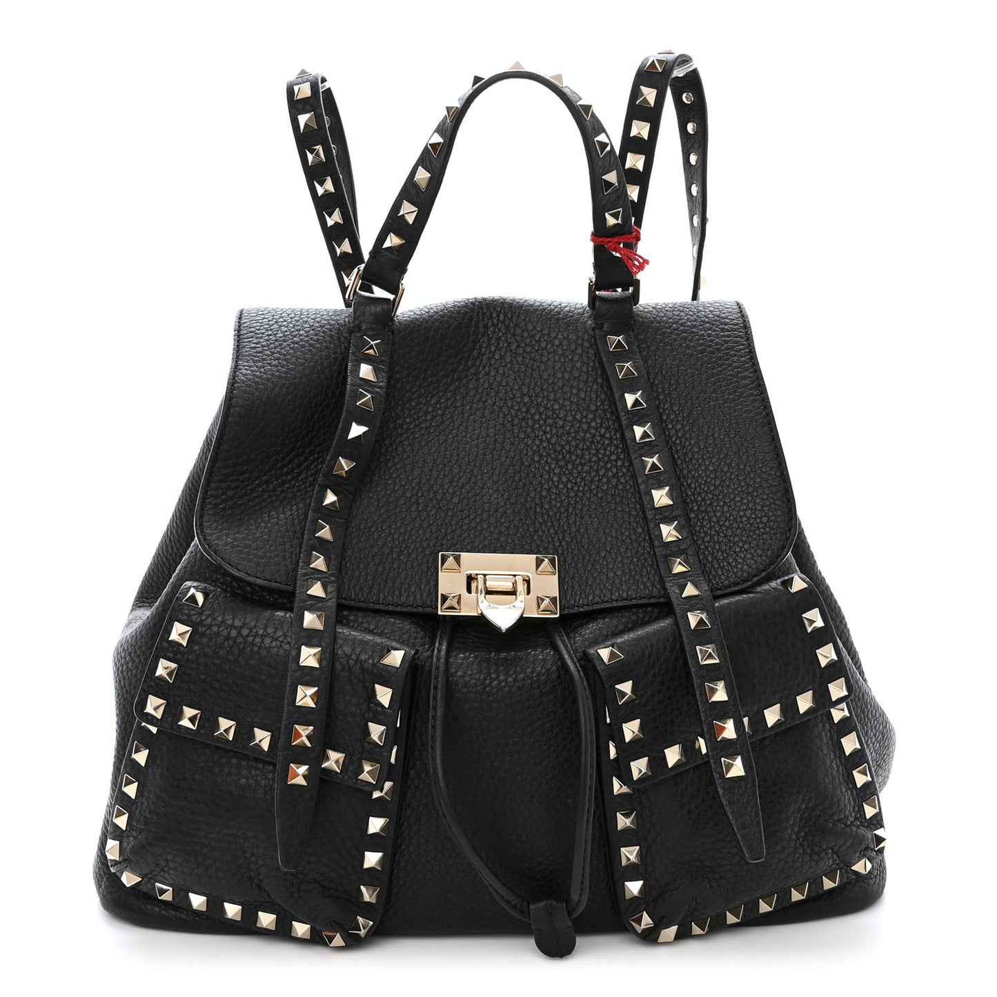Pebbled Calfskin Rockstud Double Pocket Backpack Black