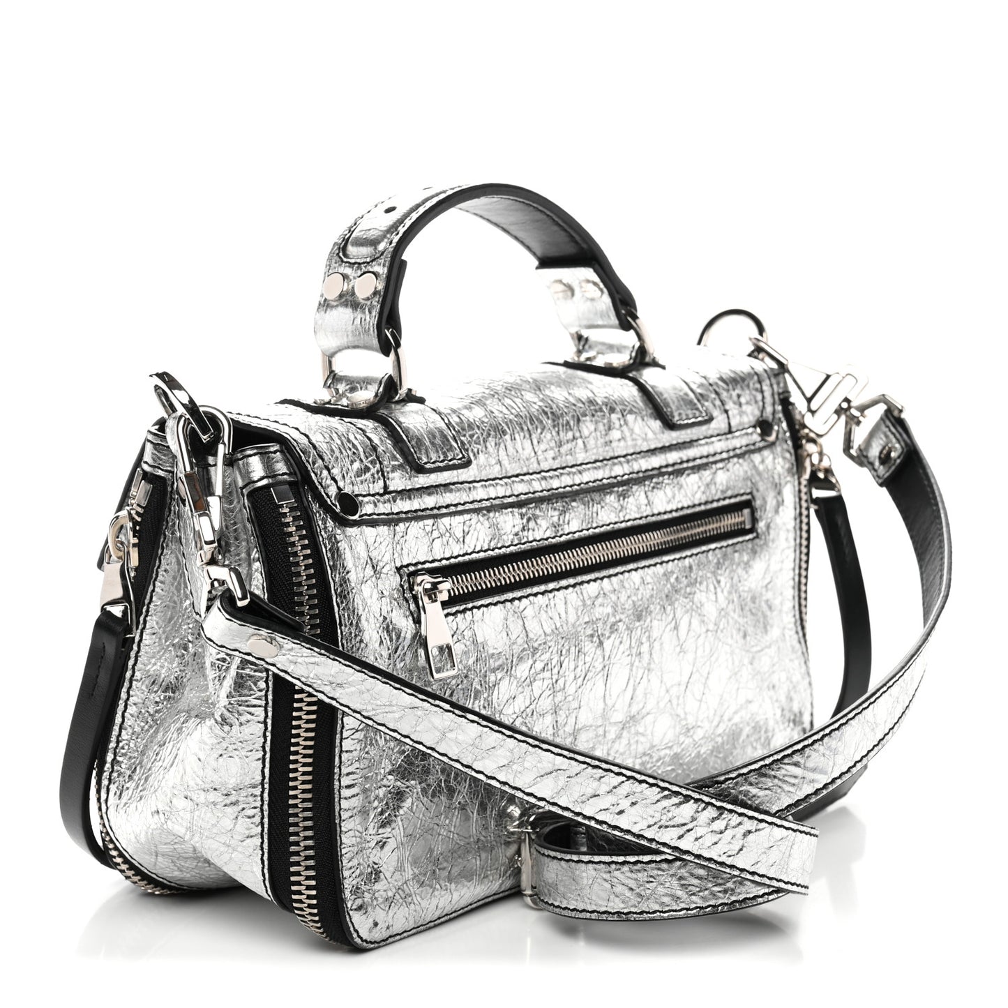 Metallic Paper Lambskin Medium PS1 Plus Zip Satchel Gun Metal