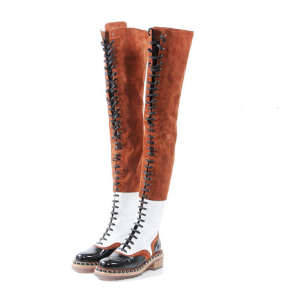 Chanel Suede Patent Calfskin Over The Knee Boots 37.5 Brown White Black 3 of 9