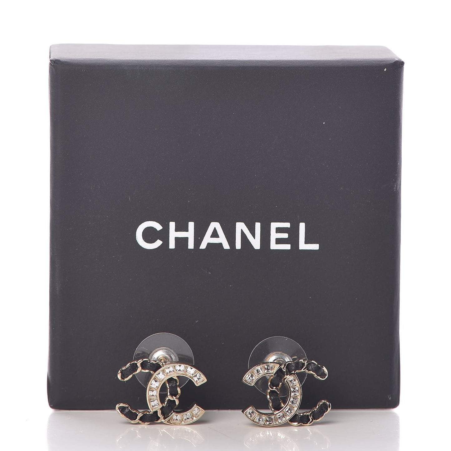 Crystal Baguette Lambskin Chain CC Vintage Allure Stud Earrings Black Gold