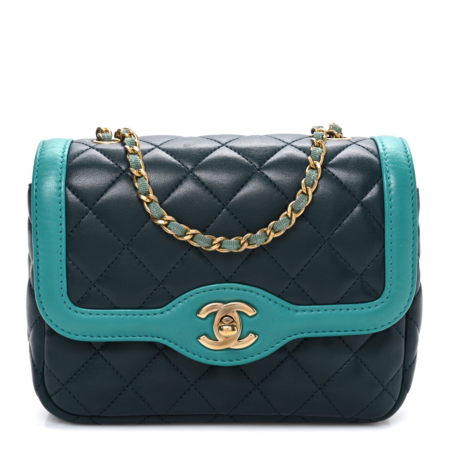 Chanel Lambskin Quilted Mini Two Tone Day Flap Navy Turquoise 1 of 10