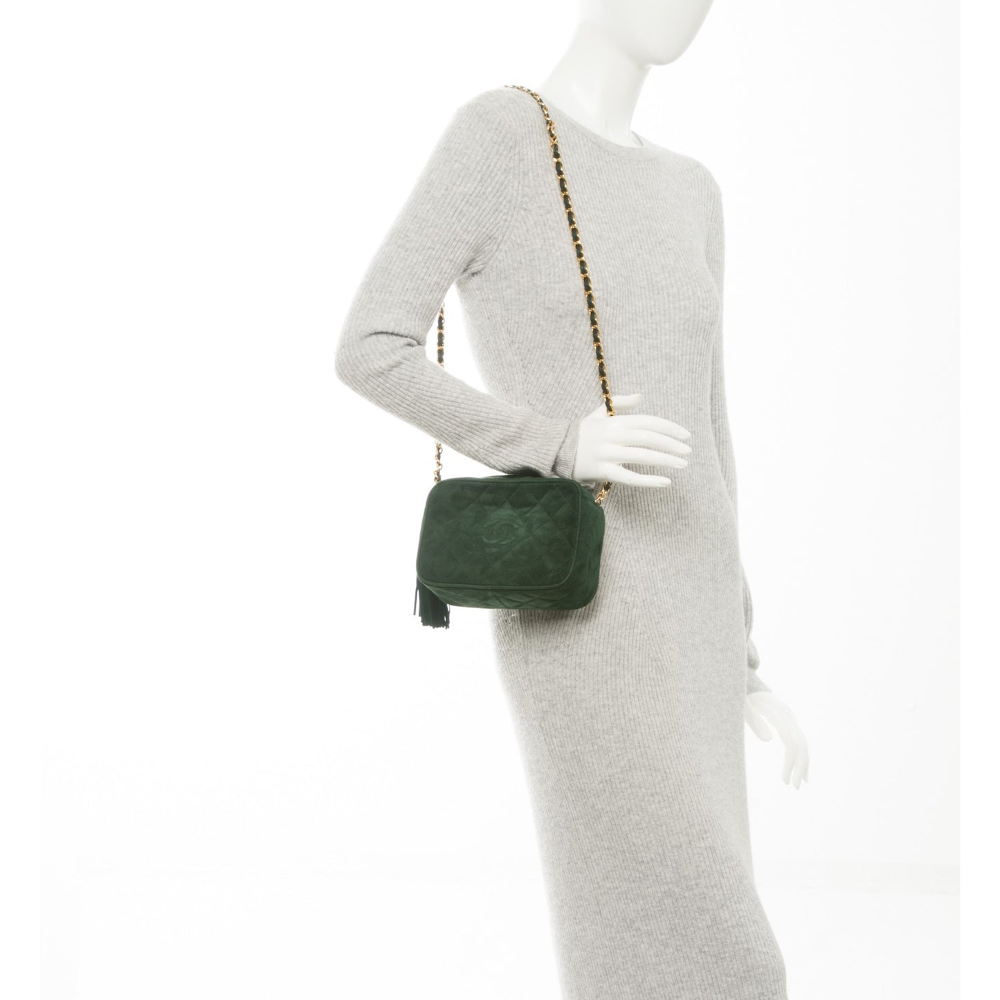 Suede Quilted CC Tassel Camera Case Dark Green