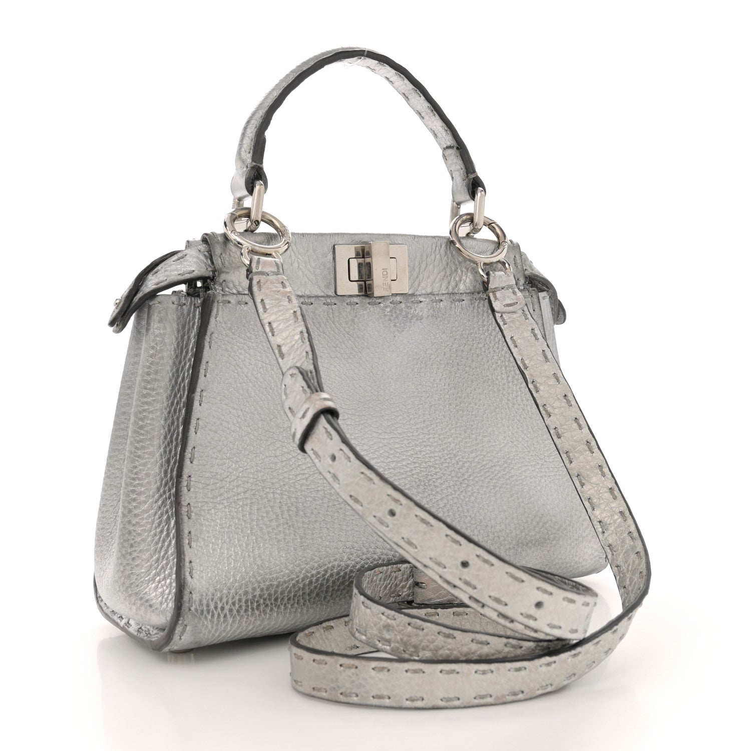Fendi Cuoio Romano Lux Selleria Mini Peekaboo Iconic Satchel Argento 3 of 15
