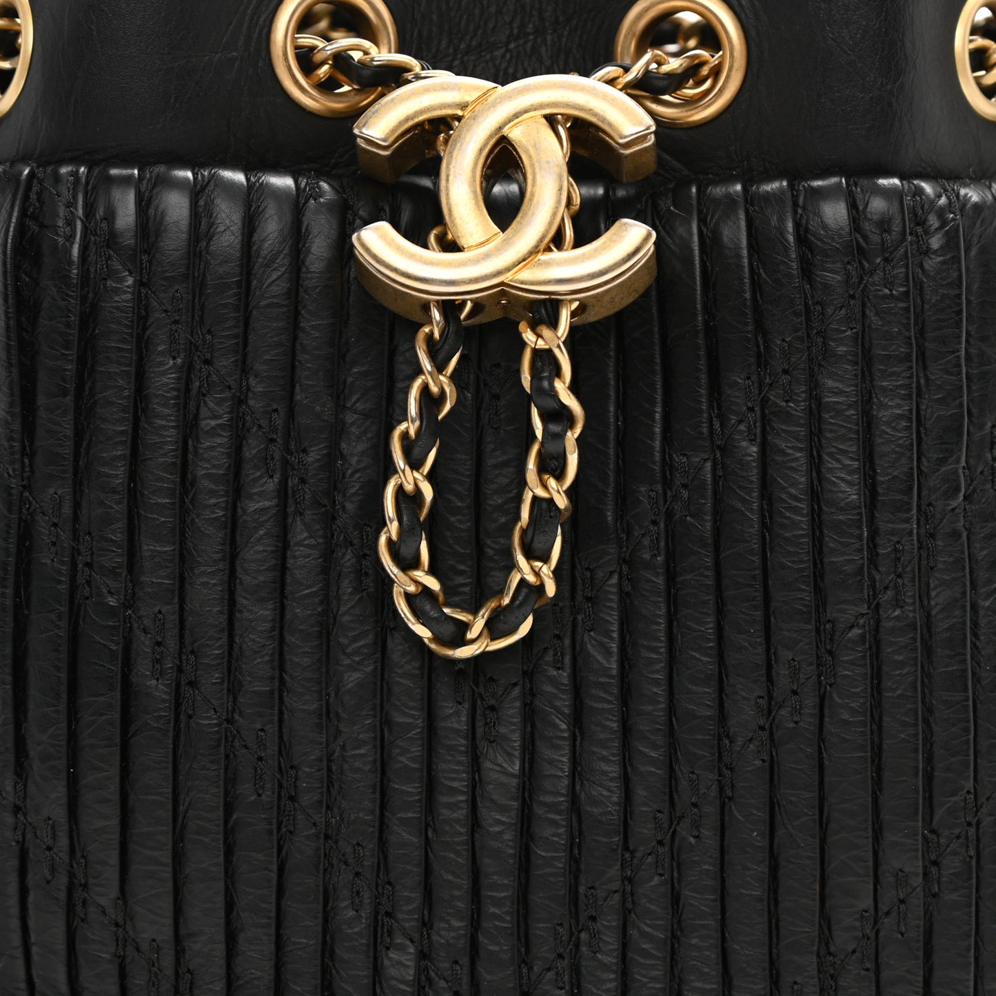 Iridescent Crumpled Calfskin Coco Pleats Small Drawstring Bag Black
