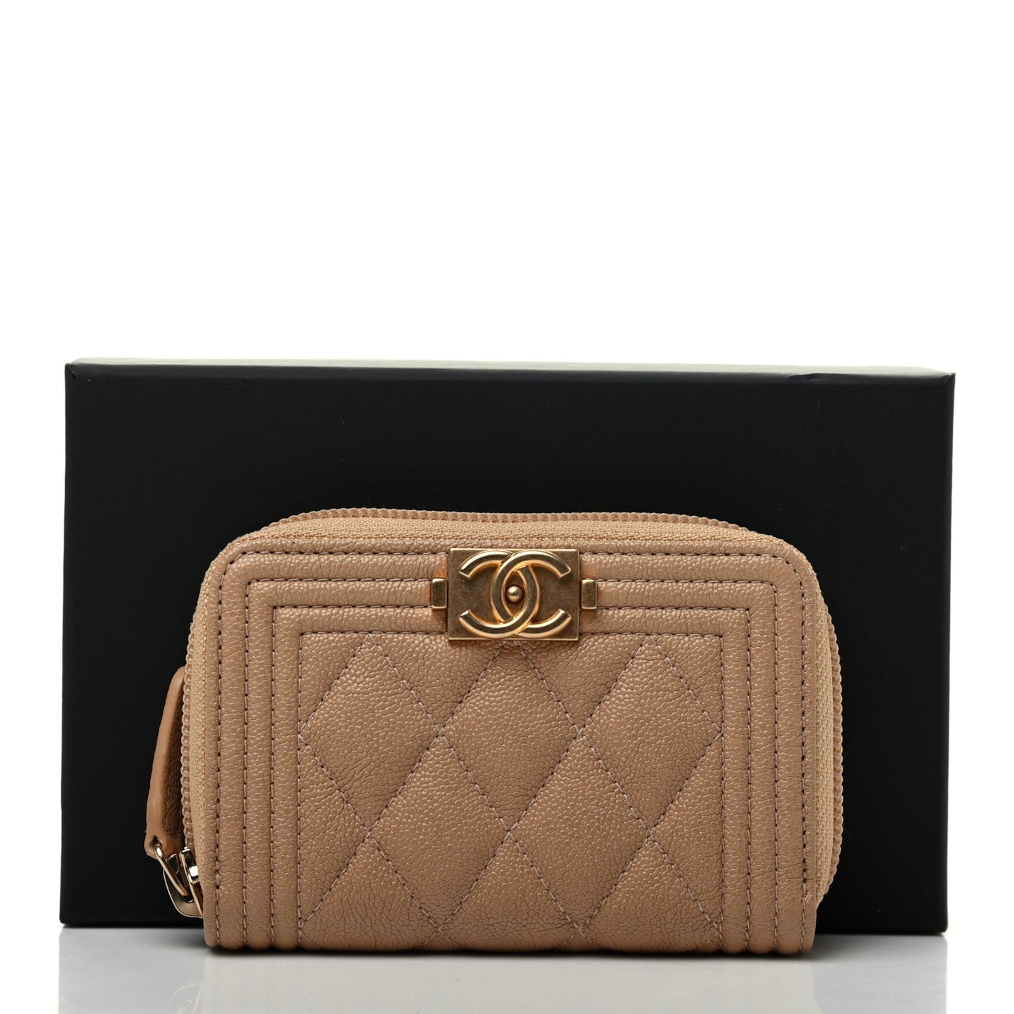 Caviar Quilted Boy Zip Around Coin Purse Wallet Beige