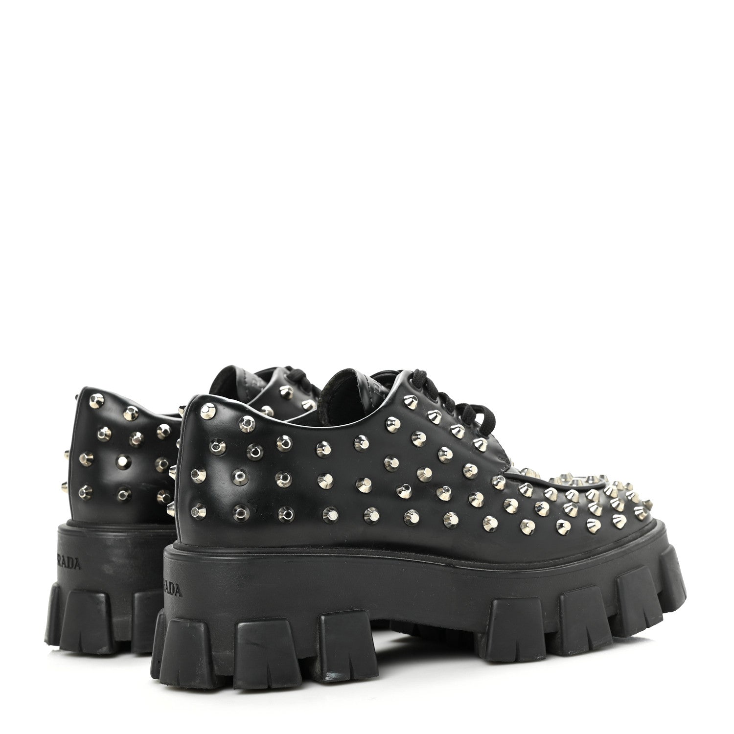 Prada Spazzolato Rois Studded Lace Up Monolith 55mm Derby Loafers 37.5 Black 4 of 8