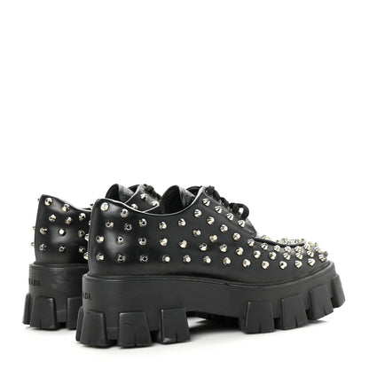 Prada Spazzolato Rois Studded Lace Up Monolith 55mm Derby Loafers 37.5 Black 4 of 8