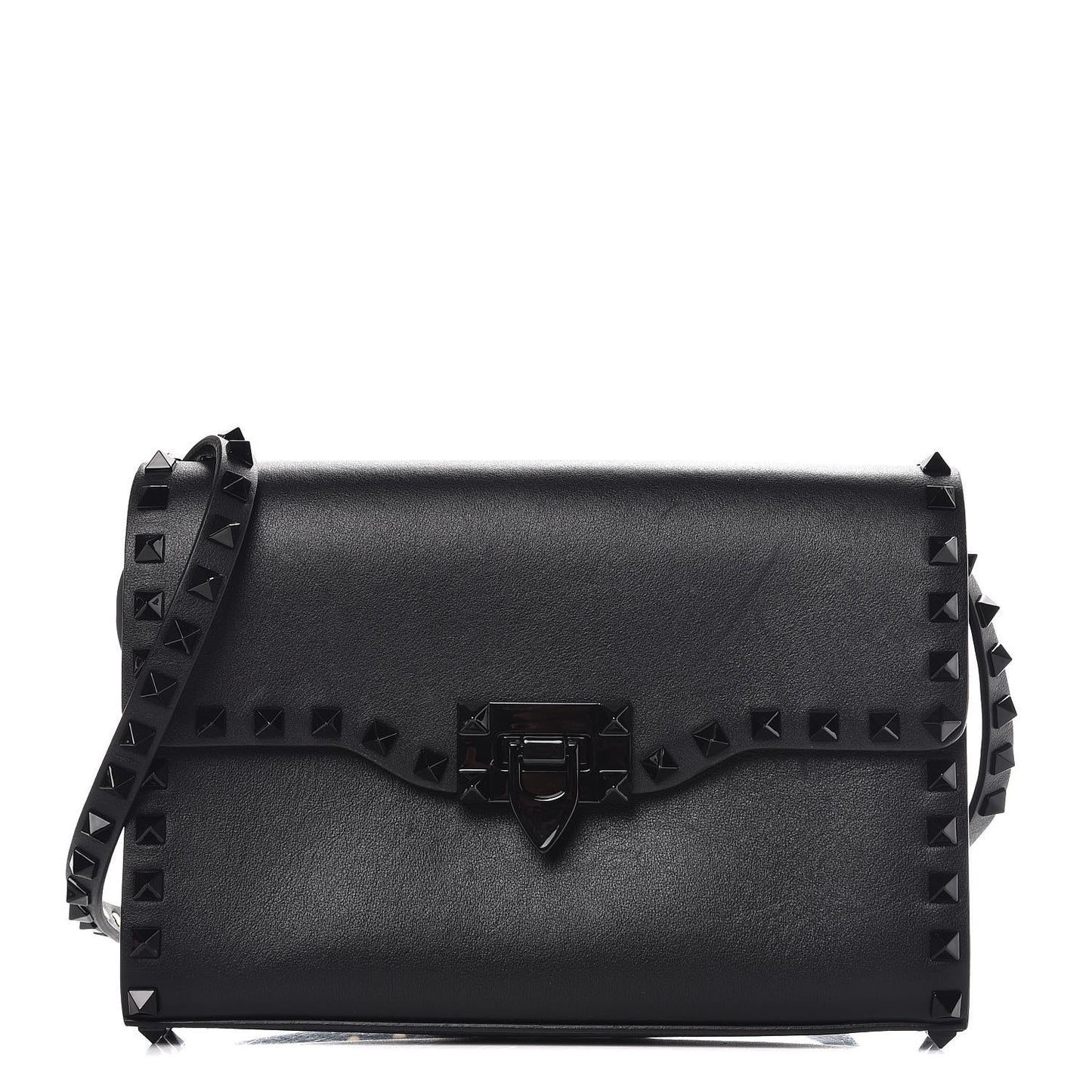 Vitello Monochrome Medium Rockstud Flip Lock Crossbody Bag Black