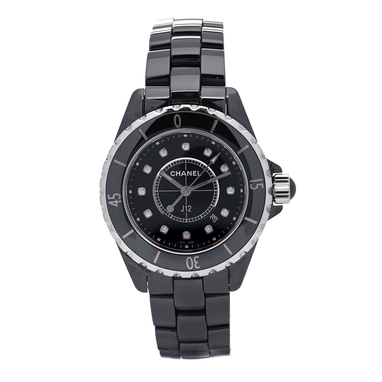 Chanel Stainless Steel Ceramic Diamond 33mm J12 Quartz Watch Black 1 of 5