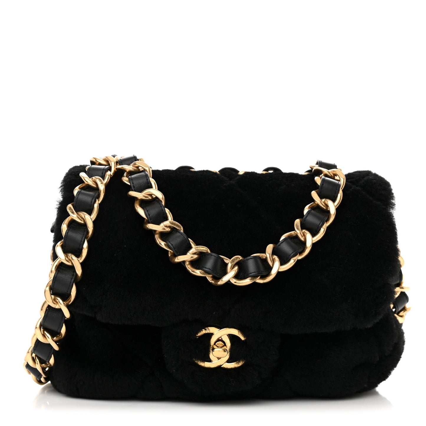 Shearling Lambskin Quilted Chain Top Handle Flap Black