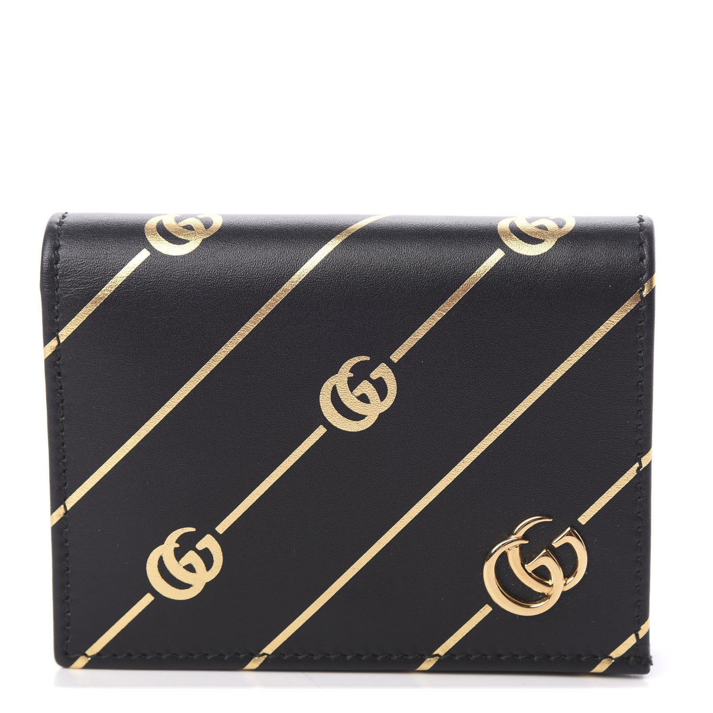 Calfskin Diagonal GG Card Case Black Gold