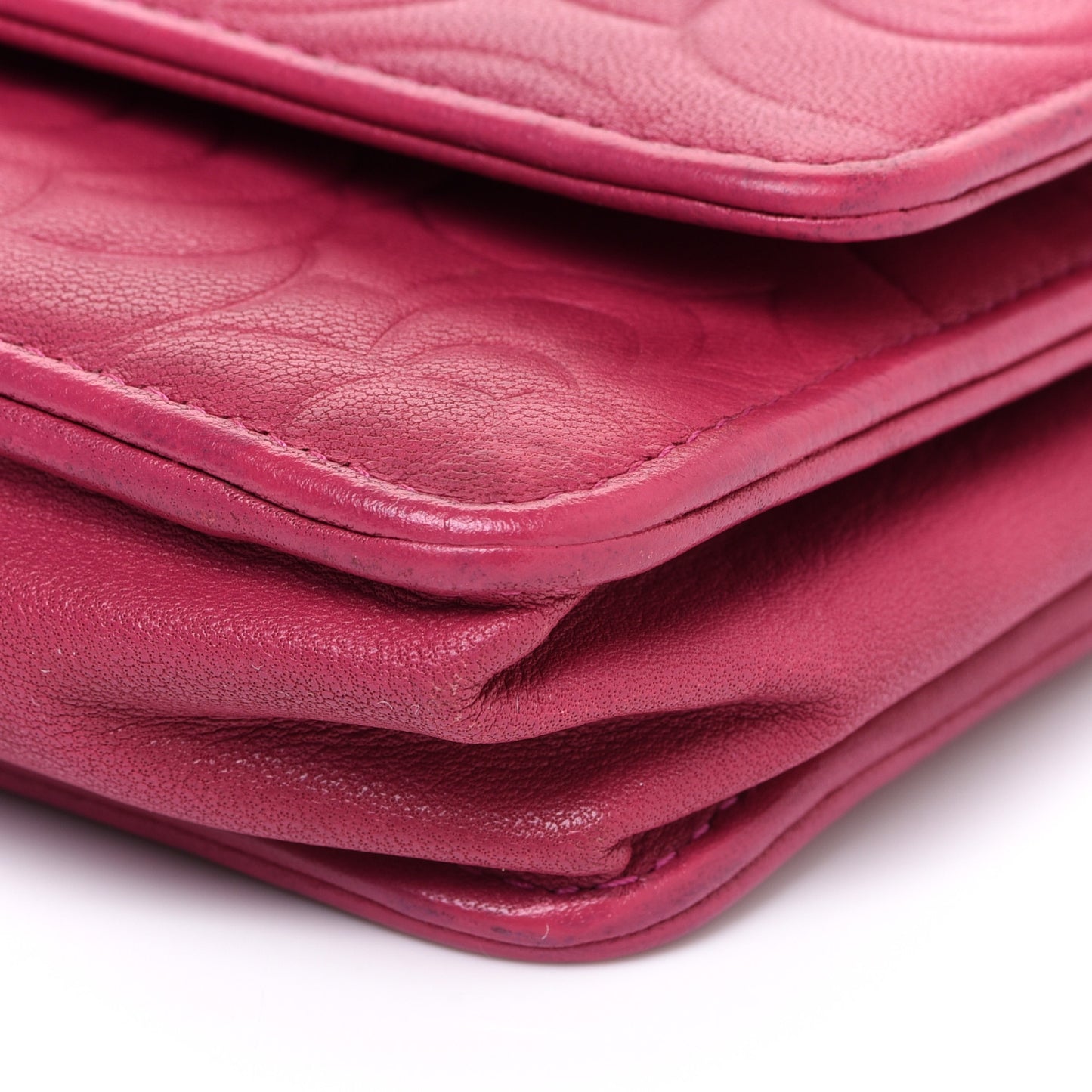 Lambskin Camellia Embossed Wallet on Chain WOC Fuchsia