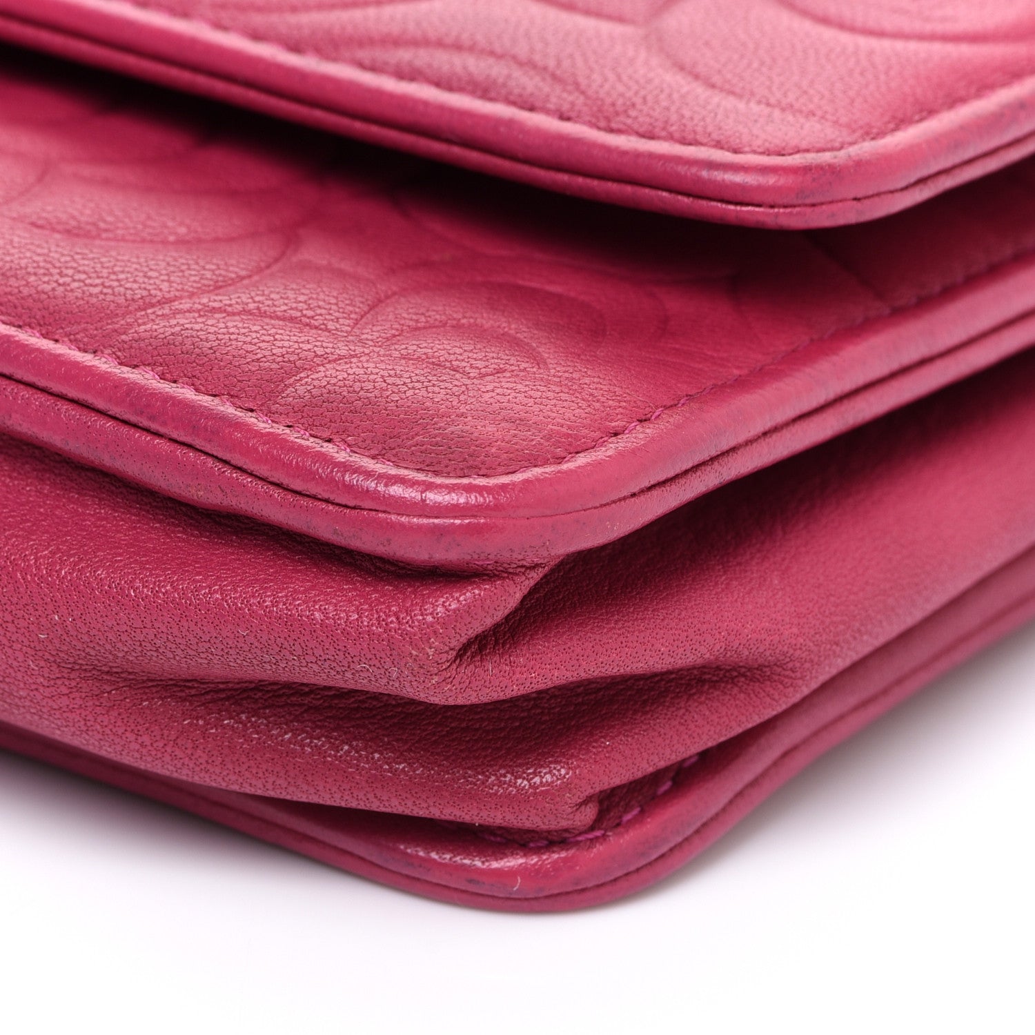 Chanel Lambskin Camellia Embossed Wallet on Chain WOC Fuchsia 10 of 13