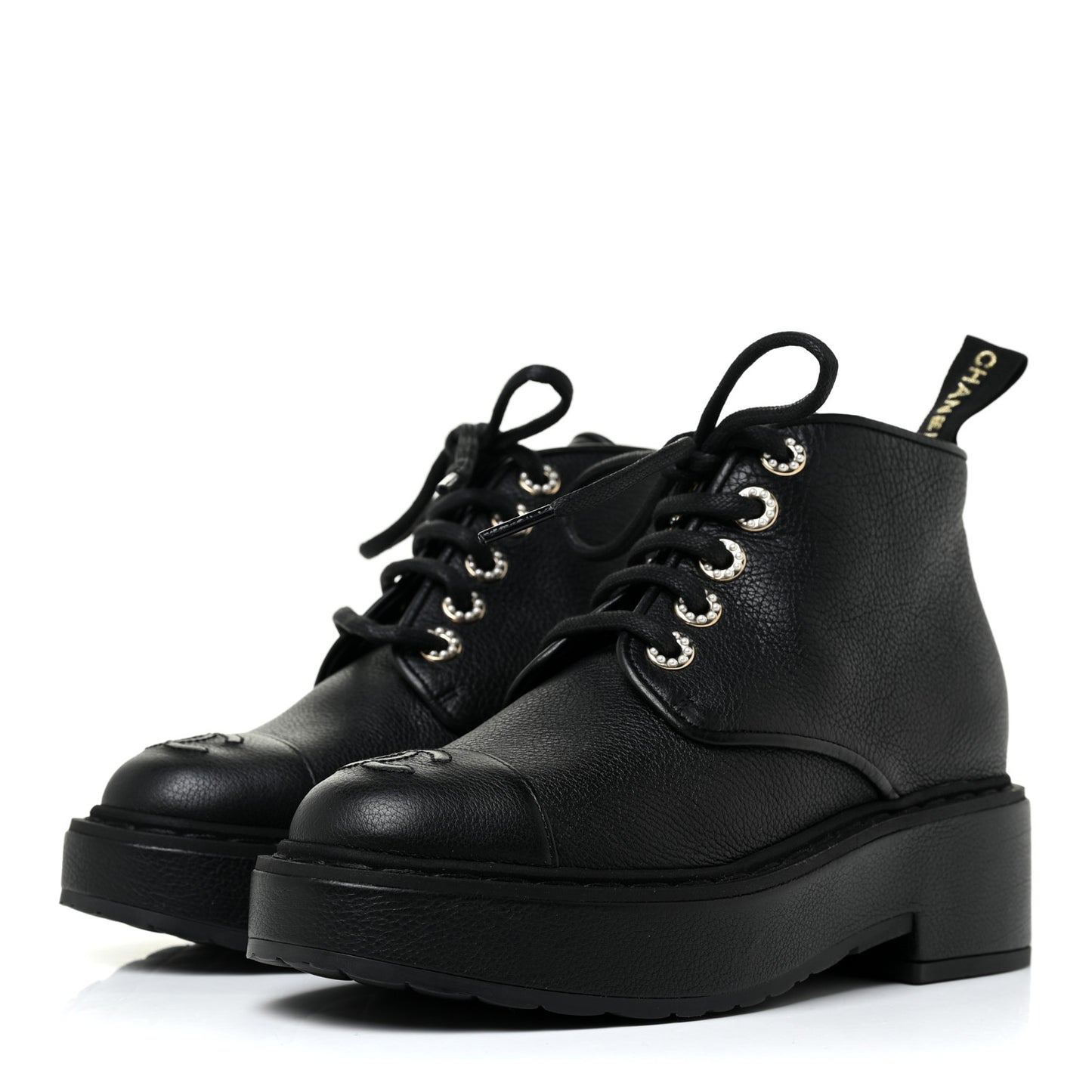 Calfskin Pearl Lace Up Combat Short Boots 35 Black