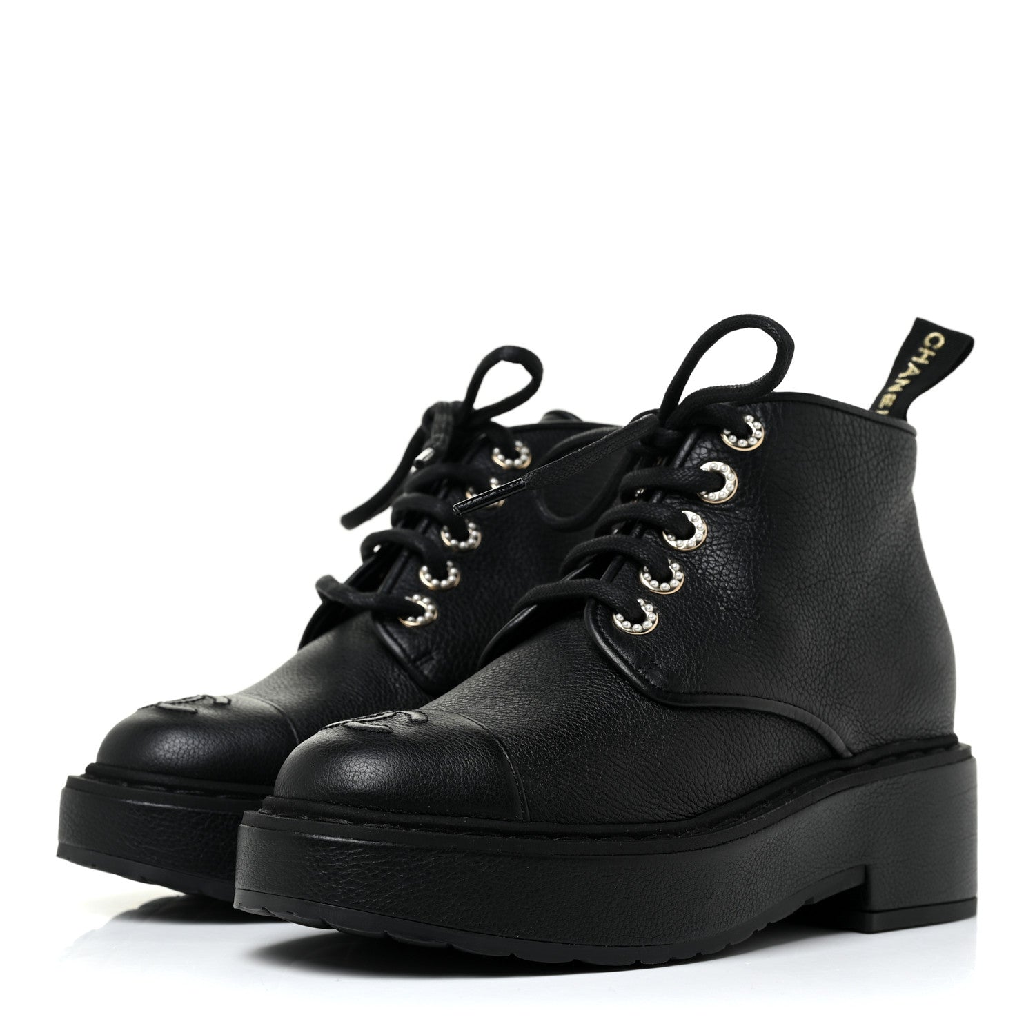 Chanel Calfskin Pearl Lace Up Combat Short Boots 35 Black 3 of 6