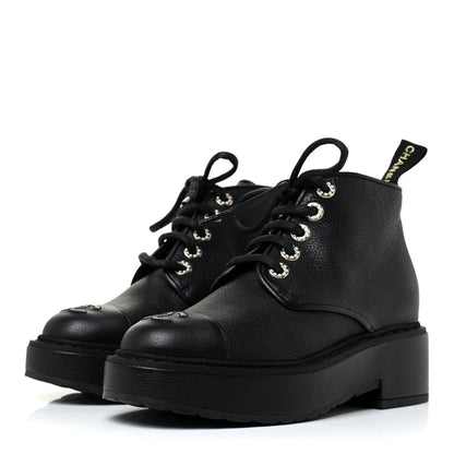 Chanel Calfskin Pearl Lace Up Combat Short Boots 35 Black 3 of 6