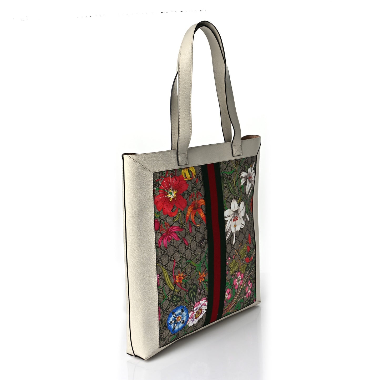 GG Supreme Monogram Flora Web Ophidia Vertical Shopping Tote White