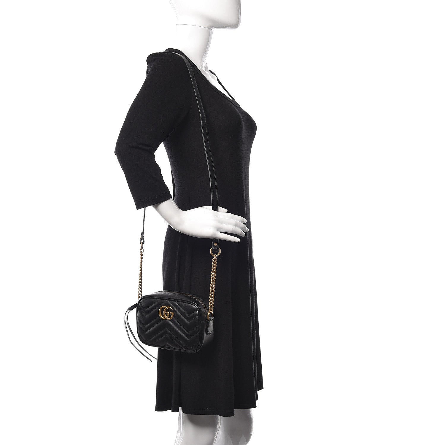 Gucci Calfskin Matelasse Mini GG Marmont Chain Shoulder Bag Black 2 of 9