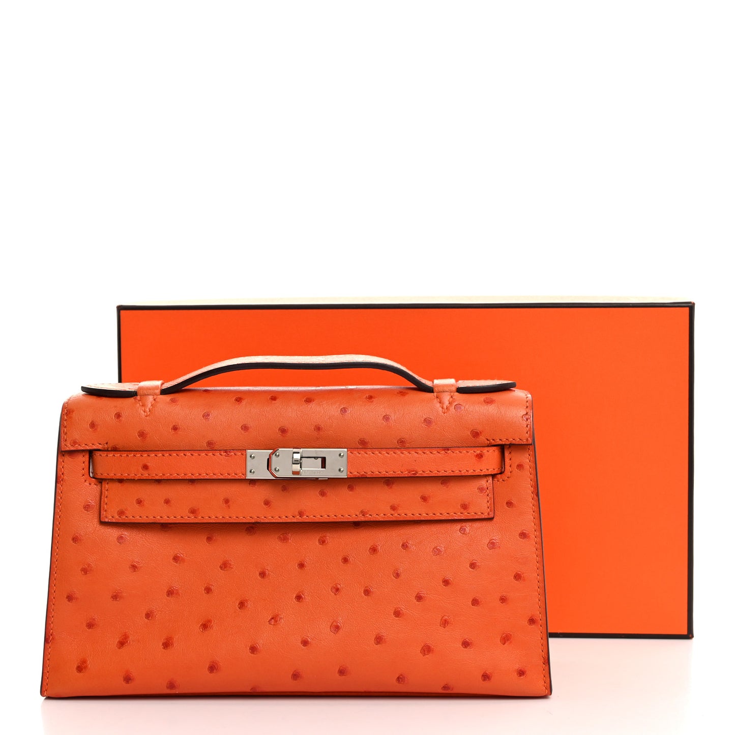 Ostrich Kelly Pochette Clutch Orange