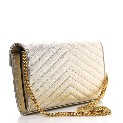 Saint Laurent Metallic Grain De Poudre Matelasse Chevron Monogram Chain Wallet Gold 3 of 12