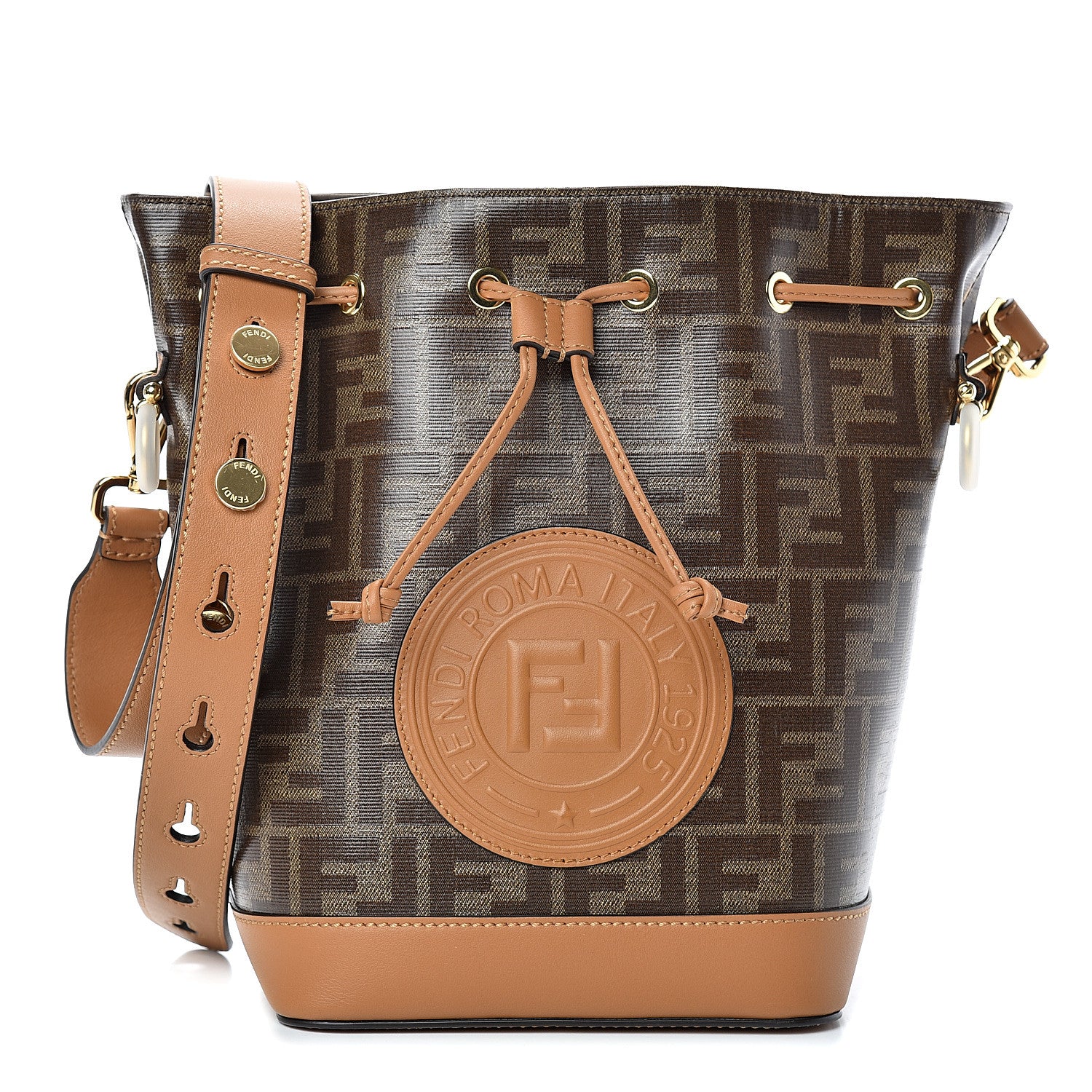 Fendi Glazed Fabric Vitello Grace F is Fendi FF 1974 Stamp Patch Grande Mon Tresor Bucket Bag Mogano Panna Nocciola 1 of 9
