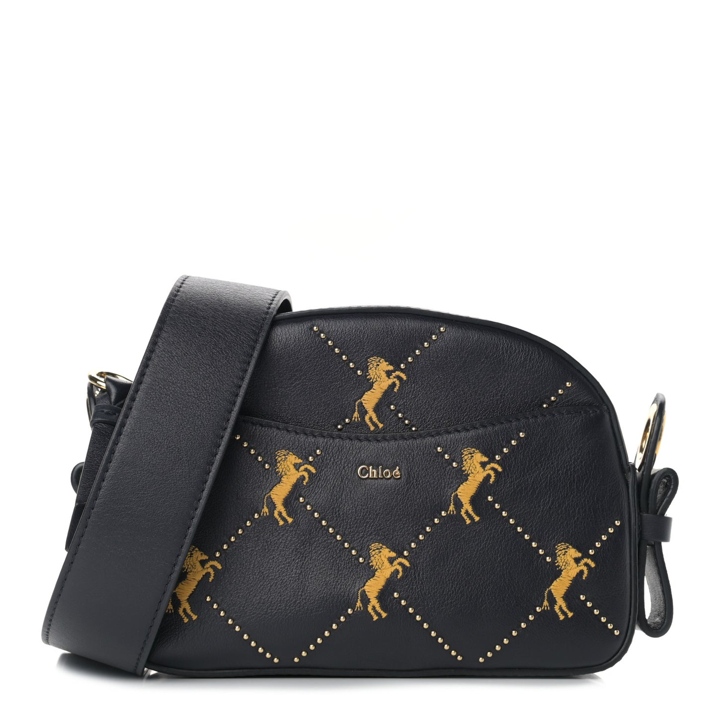 Smooth Calfskin Little Horses Embroidered Shoulder Bag Black