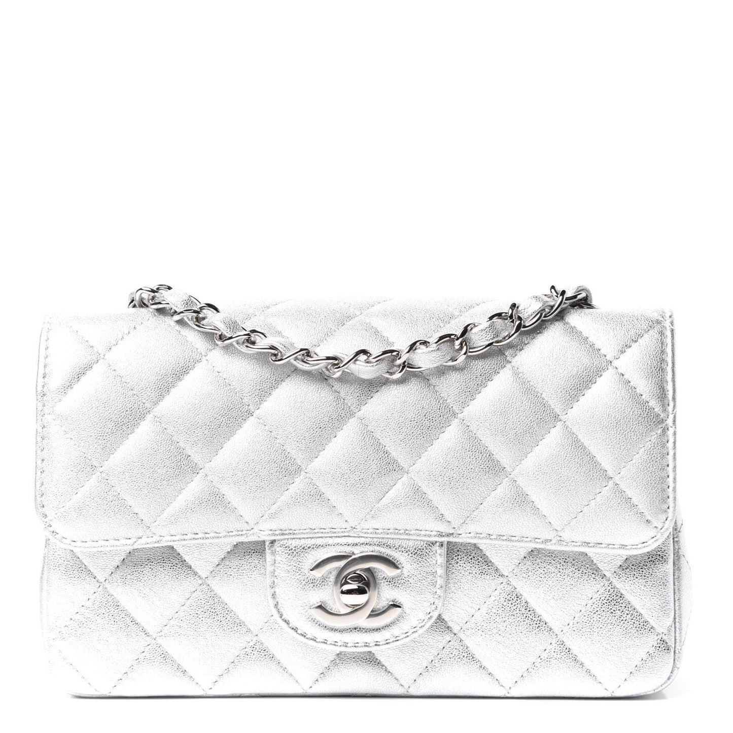 Metallic Lambskin Quilted Mini Rectangular Flap Silver