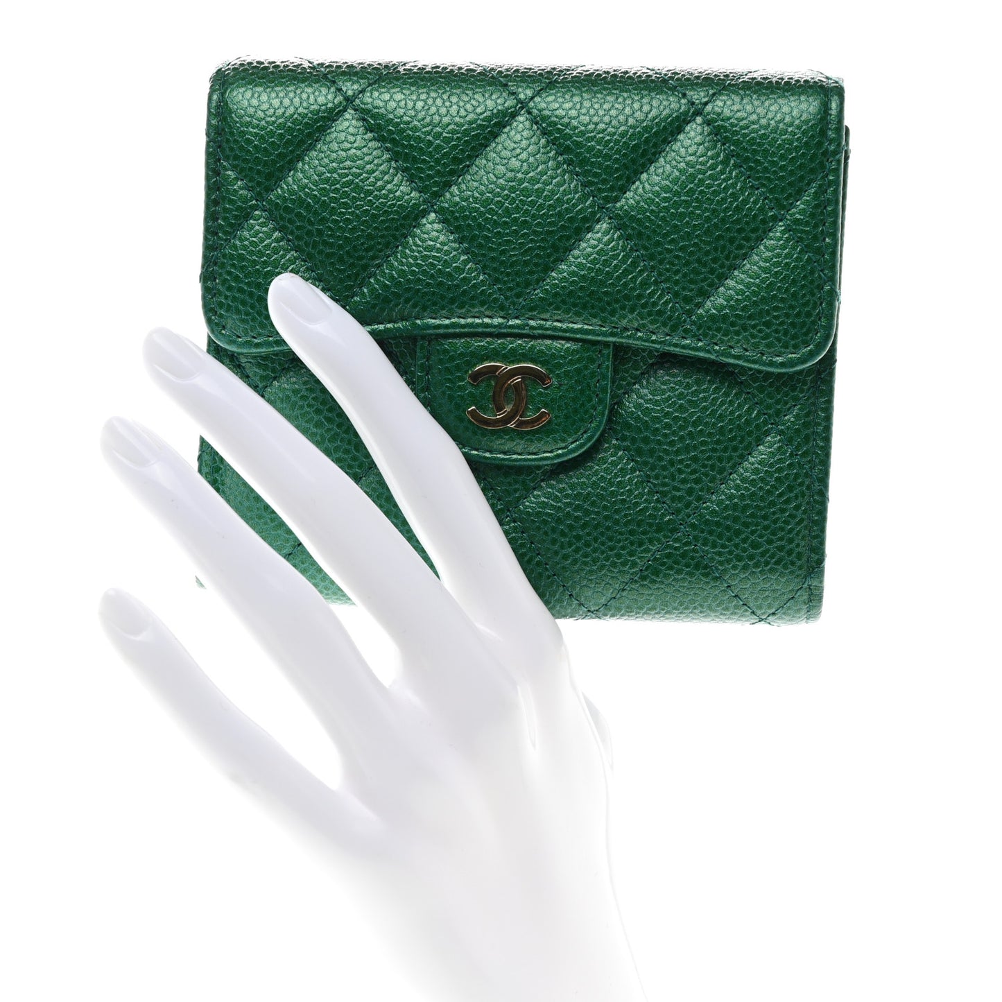 Metallic Caviar Quilted Compact Flap Wallet Green