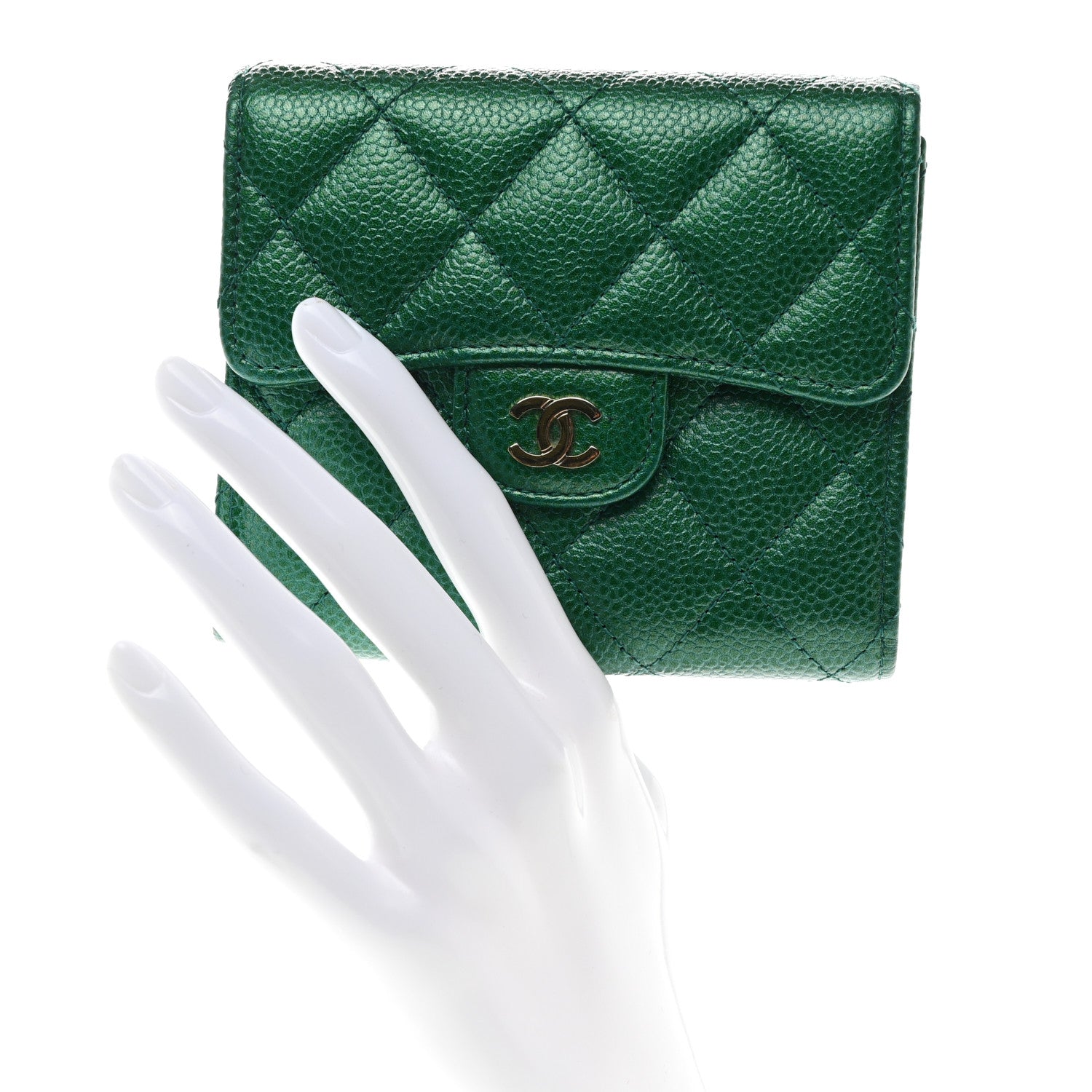 Chanel Metallic Caviar Quilted Compact Flap Wallet Green 2 of 9