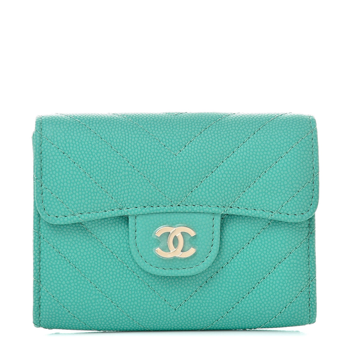 Caviar Chevron Quilted Card Holder Wallet Green