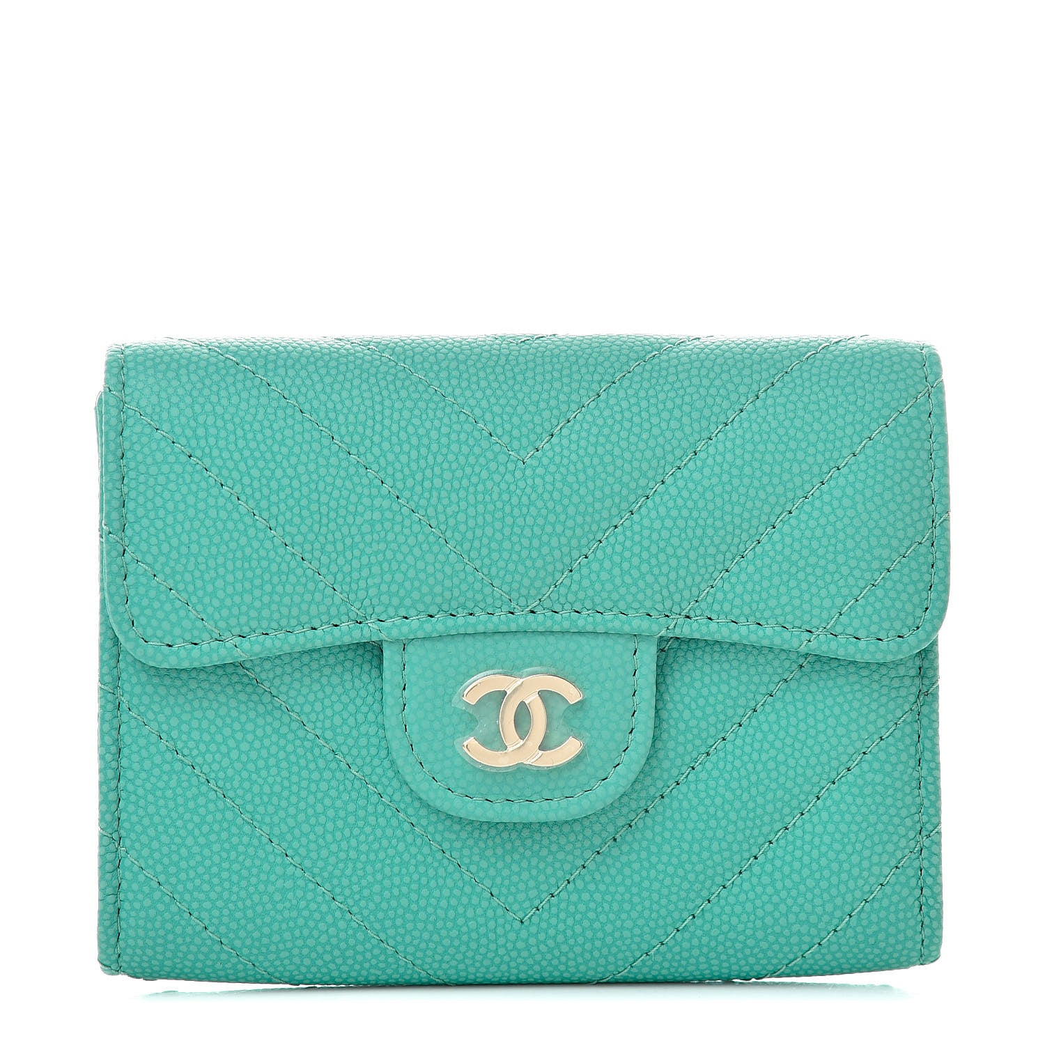 Chanel Caviar Chevron Quilted Card Holder Wallet Green 1 of 9