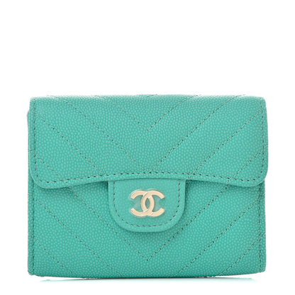 Chanel Caviar Chevron Quilted Card Holder Wallet Green 1 of 9