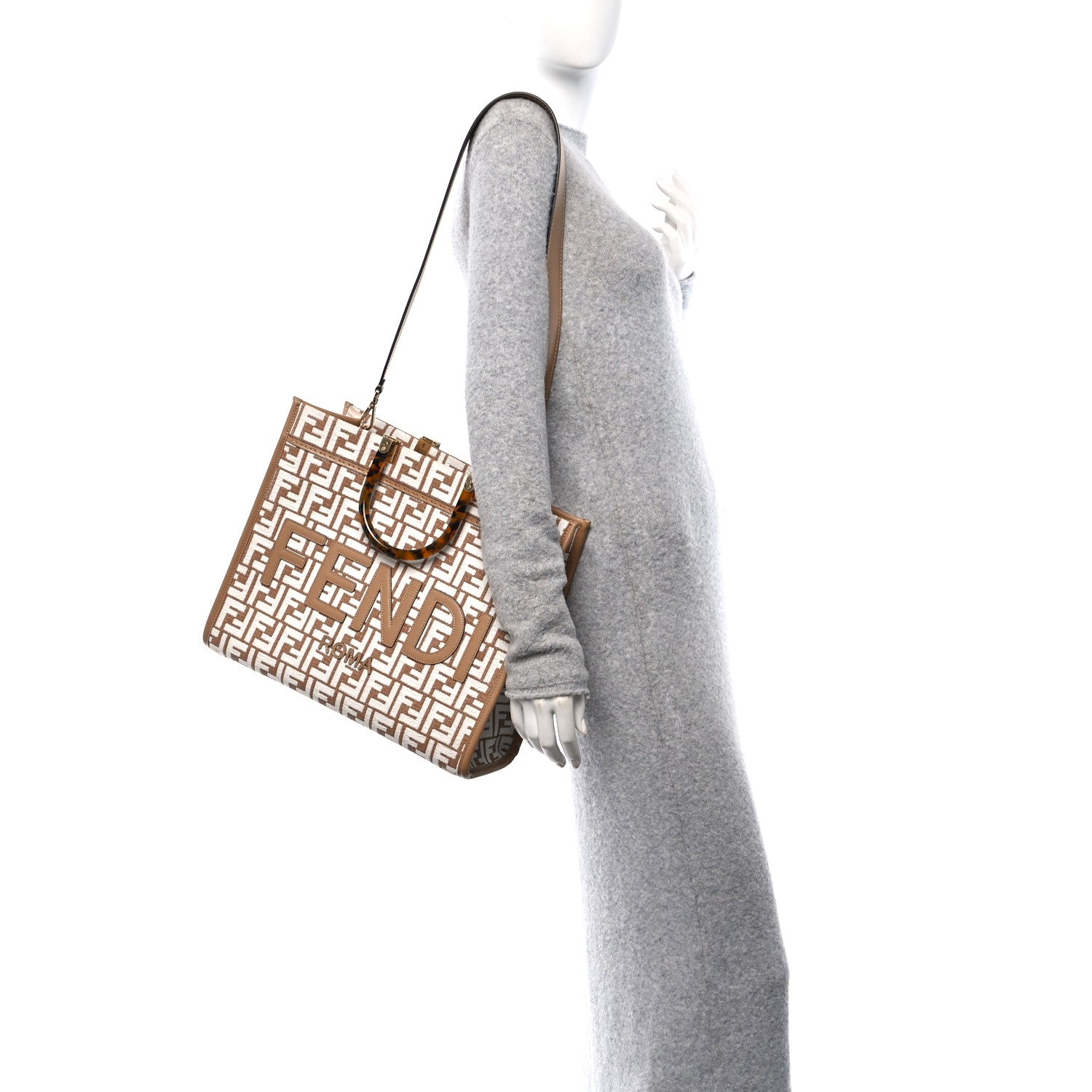 Fendi Woven Fabric Calfskin FF Medium Fendi Sunshine Shopper Tote Natural White Dark Honey 2 of 10
