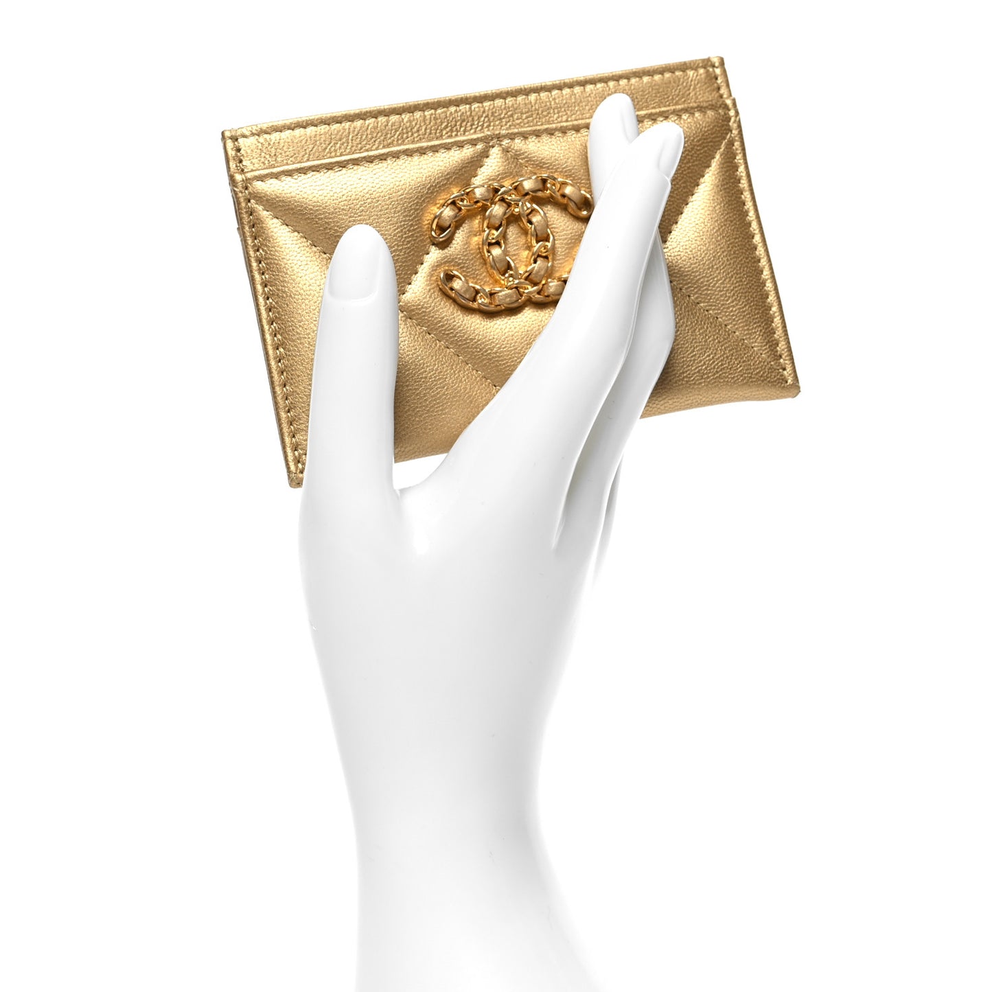Metallic Goatskin Quilted Chanel 19 Card Holder Gold