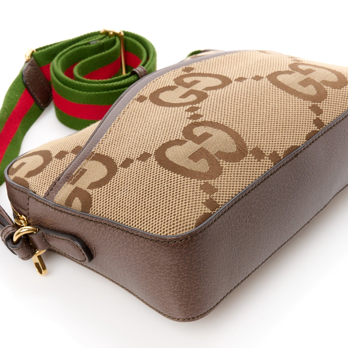 Monogram Jumbo GG Textured Dollar Calfskin Web Messenger Shoulder Bag Camel Ebony New Acero