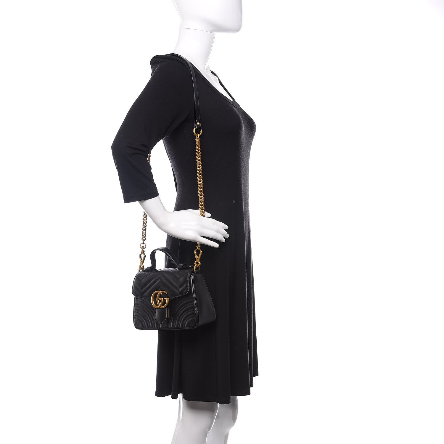 Gucci Calfskin Matelasse Mini GG Marmont Top Handle Shoulder Bag Black 2 of 9