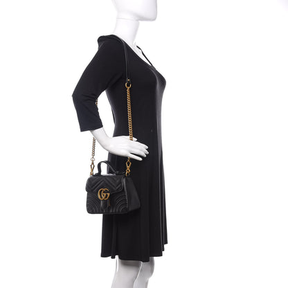 Gucci Calfskin Matelasse Mini GG Marmont Top Handle Shoulder Bag Black 2 of 9