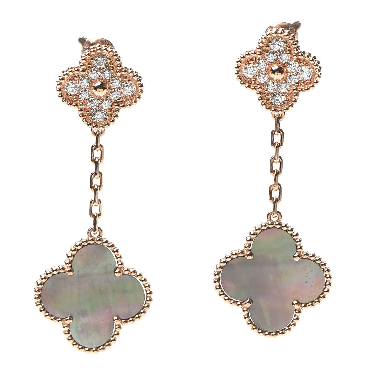 Van Cleef & Arpels 18K Rose Gold Diamond Grey Mother of Pearl Magic Alhambra 2 Motifs Earrings 1 of 6