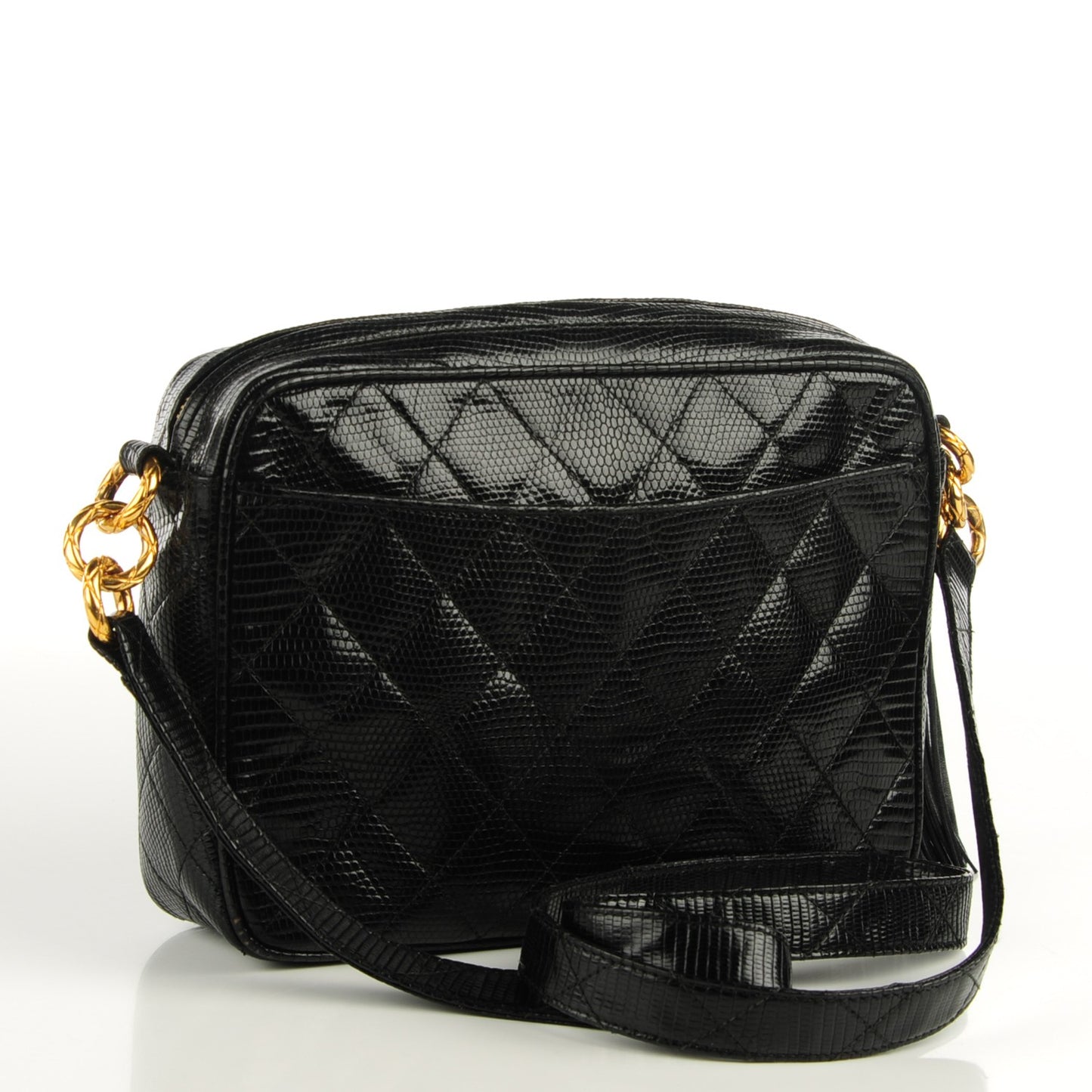 Lizard Quilted Small Tassel Camera Case Black