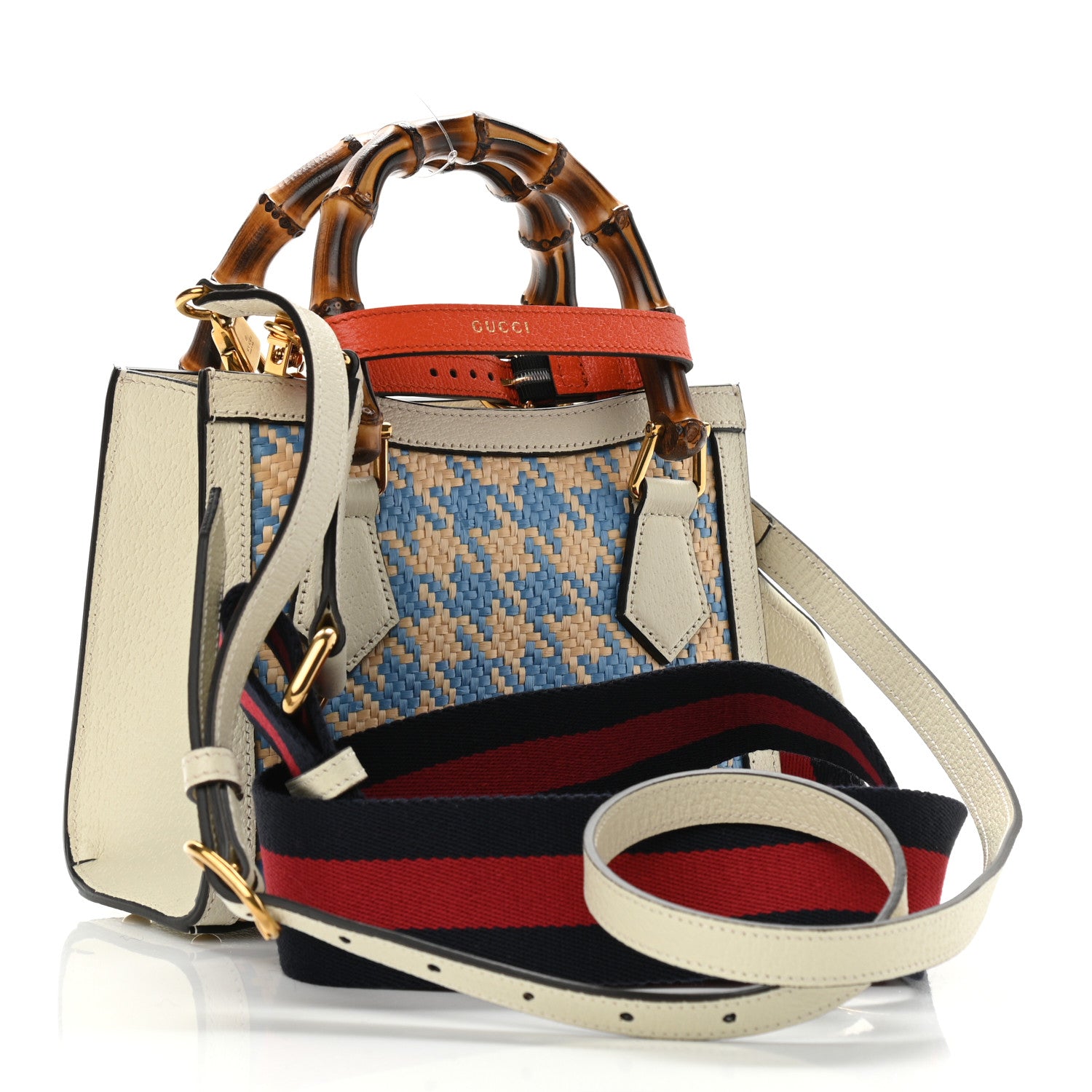 Gucci Raffia Textured Dollar Calfskin Web Houndstooth Mini Diana Tote Bag Light Blue Natural Deep Orange 3 of 7