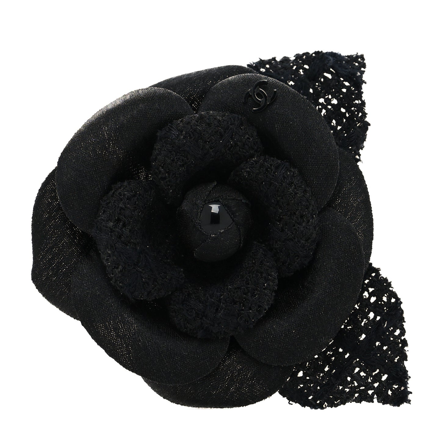 Tweed Fabric Camellia Pin Brooch Black